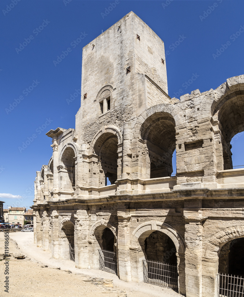 view to huge walls  of famous arena in Arles