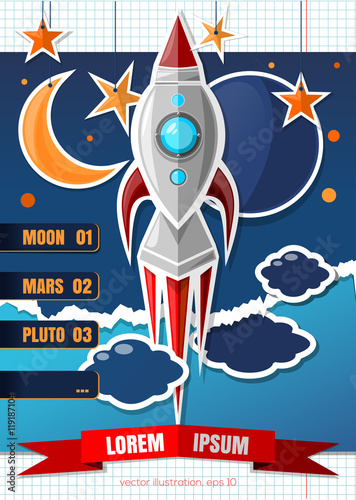 Handmade vintage paper rocket in space. Vector paper art