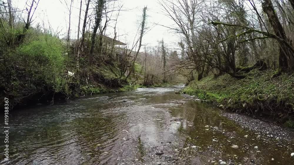 Quadrocopter shoot stream in woods. Stones. Nature. Nobody. Trees without leaf. Scenery Quadrocopter shoot stream in woods. Stones. Nature. Nobody. Trees without leaf. Scenery