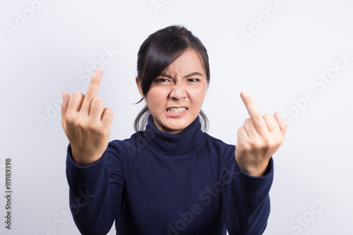 Emotional Portrait  Angry woman and show her middle finger