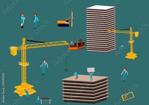 Concept arhitect illustration. The process of building a house. Workers and technic