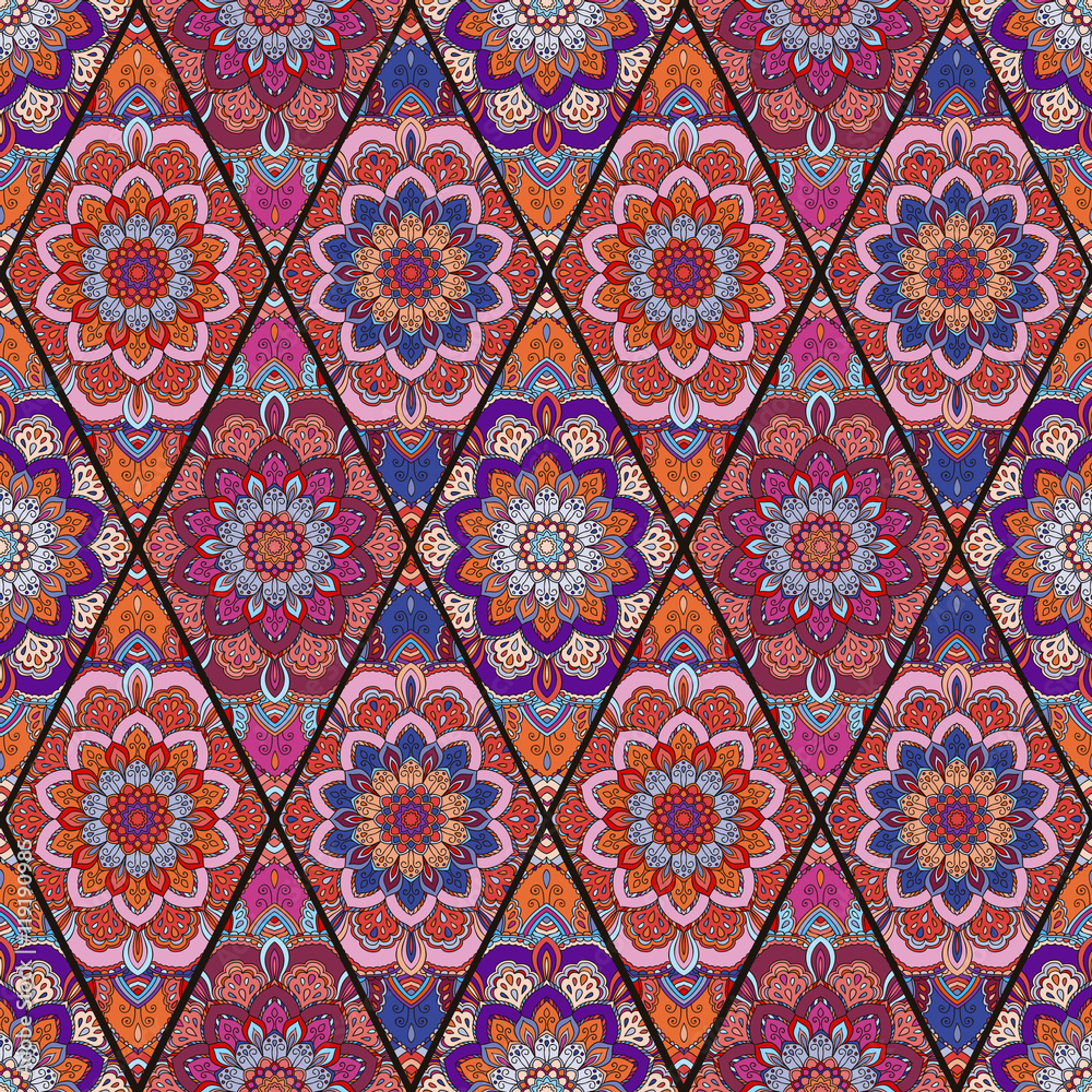 Rhombus Boho Flower Tile Pattern Pink Blue