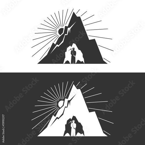 Miner against Mountains on White and Gray Background ,Mining Industry, Logo Design Element, Mine Shaft Concept, Vector Illustration