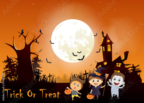 illustration of children trick or treating in Halloween costume