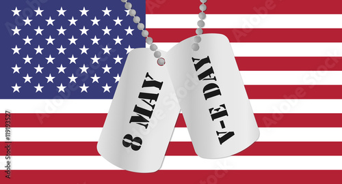 the V-E Day. Soldier medallion on a background of the US flag.
