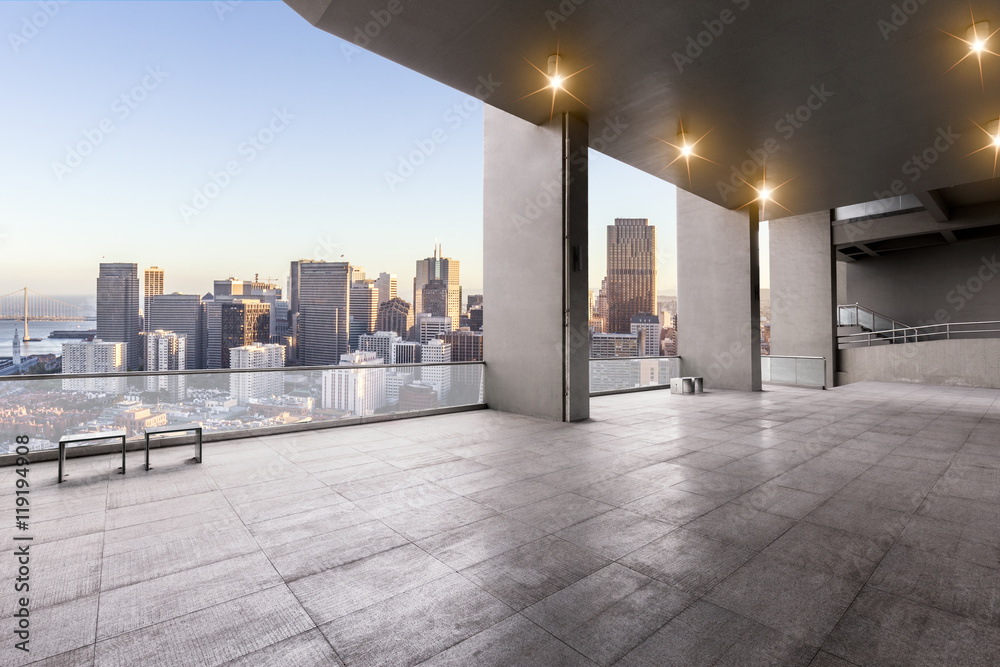 cityscape and skyline of san francisco from brick floor