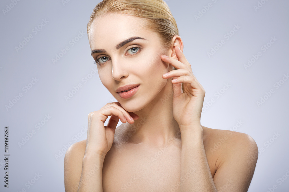 Portrait of girl with nude make up at studio Portrait of girl with nude make up at studio