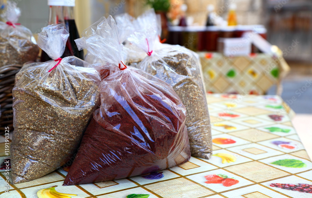 Lebanese herbs and spices on sale in the village market Stock Photo