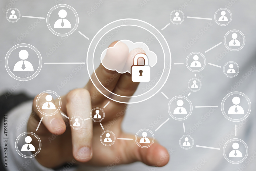 Businessman push button cloud lock sign web network Businessman push button cloud lock sign web network