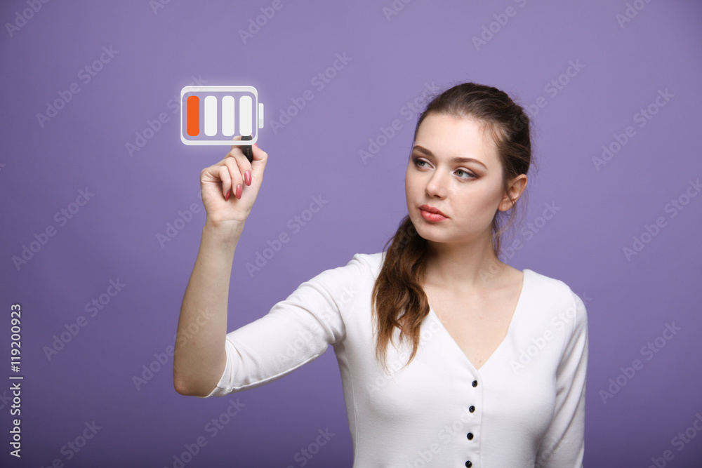 Young Businesswoman and battery level icon Young Businesswoman and battery level icon
