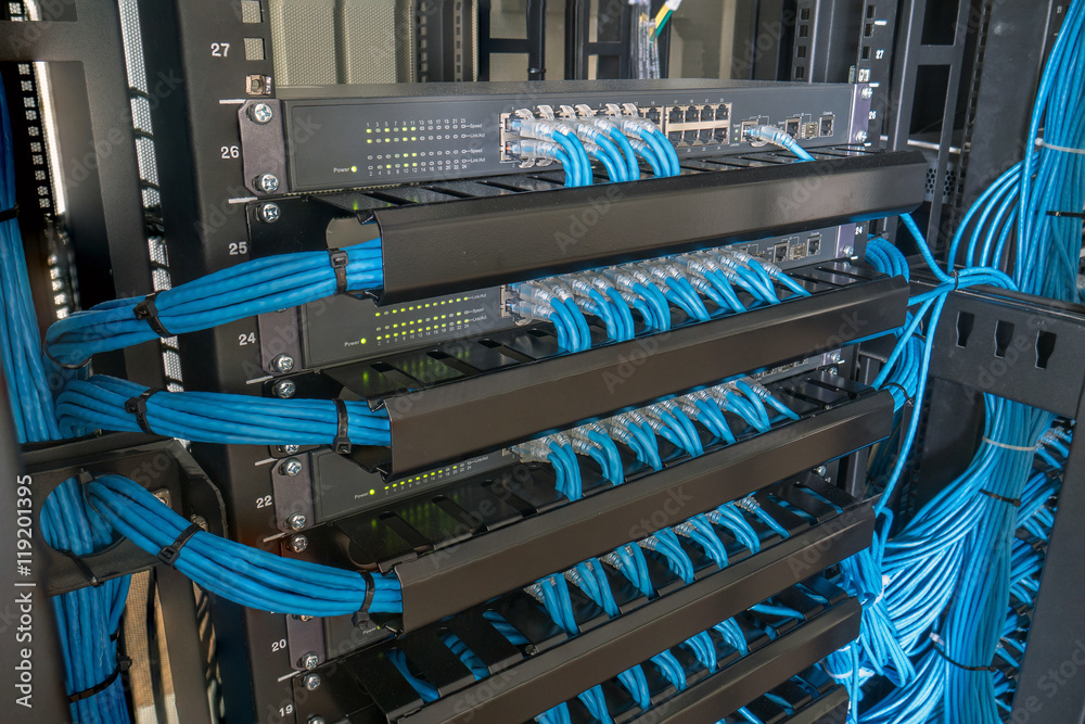 Network switch and ethernet cables in rack cabinet, Computer and  information network system technology. Photos | Adobe Stock