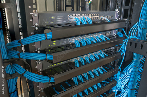 Network switch and ethernet cables in rack cabinet, Computer and information network system technology.