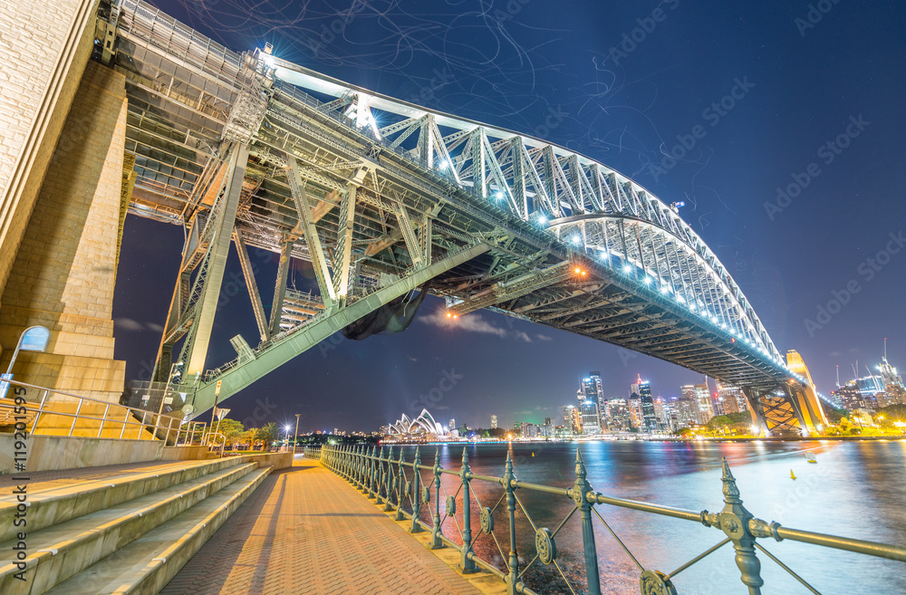 Amazing wide angle night view of Sydney Harbour Bridge, Australi
