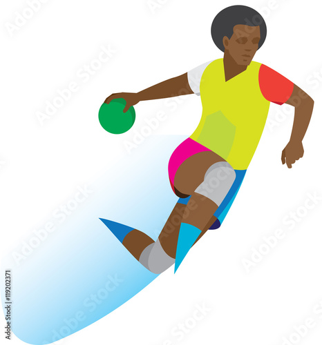 African American handball player throws a ball in a jump