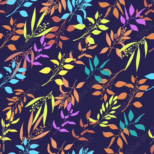Seamless pattern with colorful twigs silhouette.