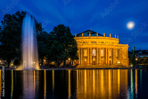 Stuttgart Staatstheater Twilight Blue Sky Moon Reflection Water photo