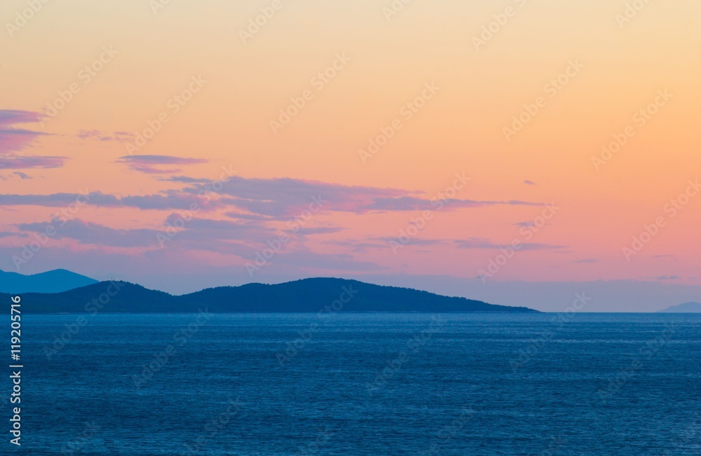 Sunset over Hvar island in Adriatic sea