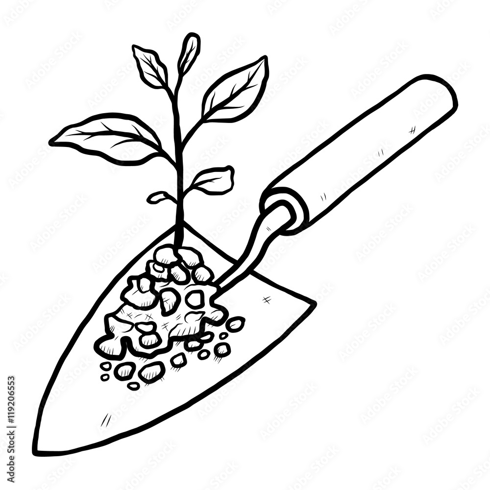 plant sprout and trowel / cartoon vector and illustration, black and