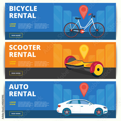 Set of bicycle, gyroscooter and auto rental web banners design.