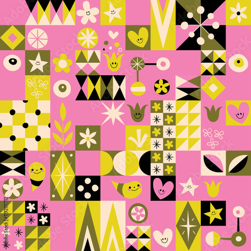 Retro style fun pattern with simple symbol characters