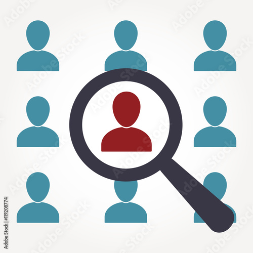 Customer targeting or recruitment icon. Magnifying glass and man silhouette icon. Vector illustration.