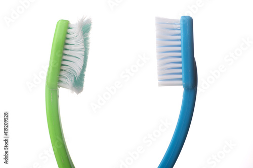 Used toothbrushes on white