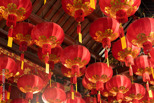 Red Chinese lanterns at Goddess of Mercy Temple in Georgetown, Penang, Malaysia