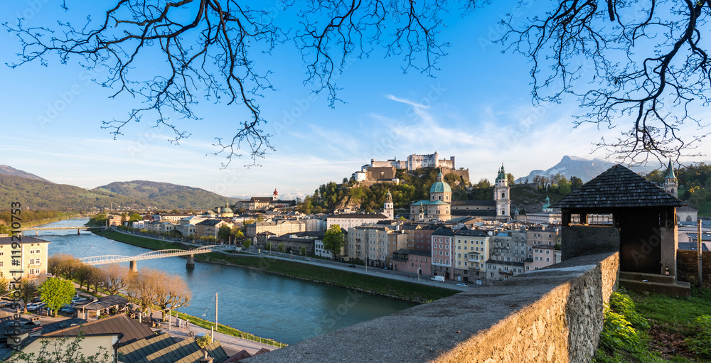 Landscape scene of Fortress Hohensalzburg of Salzburg with Salza