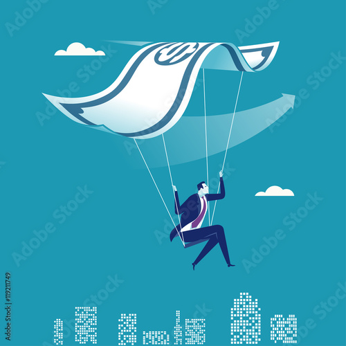 Direction. Businessman flying_using banknote. Business vector illustration.

