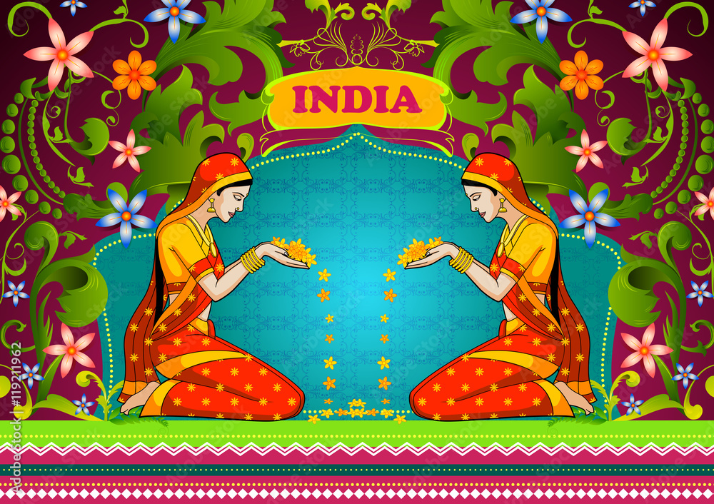 Φωτογραφία Floral background with Indian woman welcoming  flower showing Incredible India