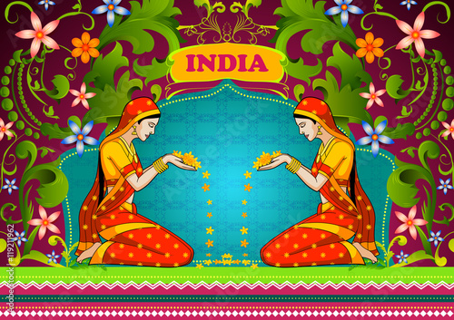 Floral background with Indian woman welcoming  flower showing Incredible India