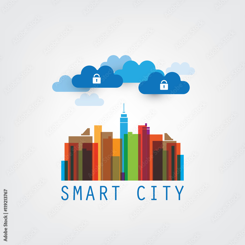 Colorful Smart City, Internet of Things, Safe Data Center Concept - Vector Design