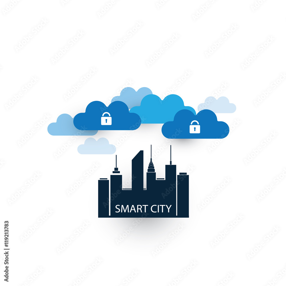 Blue Smart City, Internet of Things, Safe Data Center Concept - Vector Design