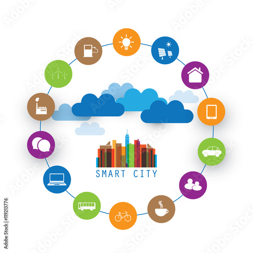 Colorful Smart City Design Concept with Icons