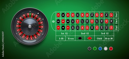 vector illustration of  roulette wheel with casino chips isolated on green  table realistic objects 3d with place for text eps 10  photo