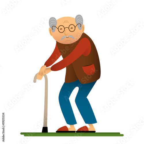 Funny illustration of old man with cane, cartoon character