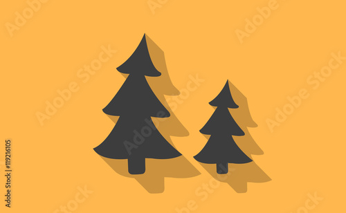 Vector black trees icons with long shadow on flat background