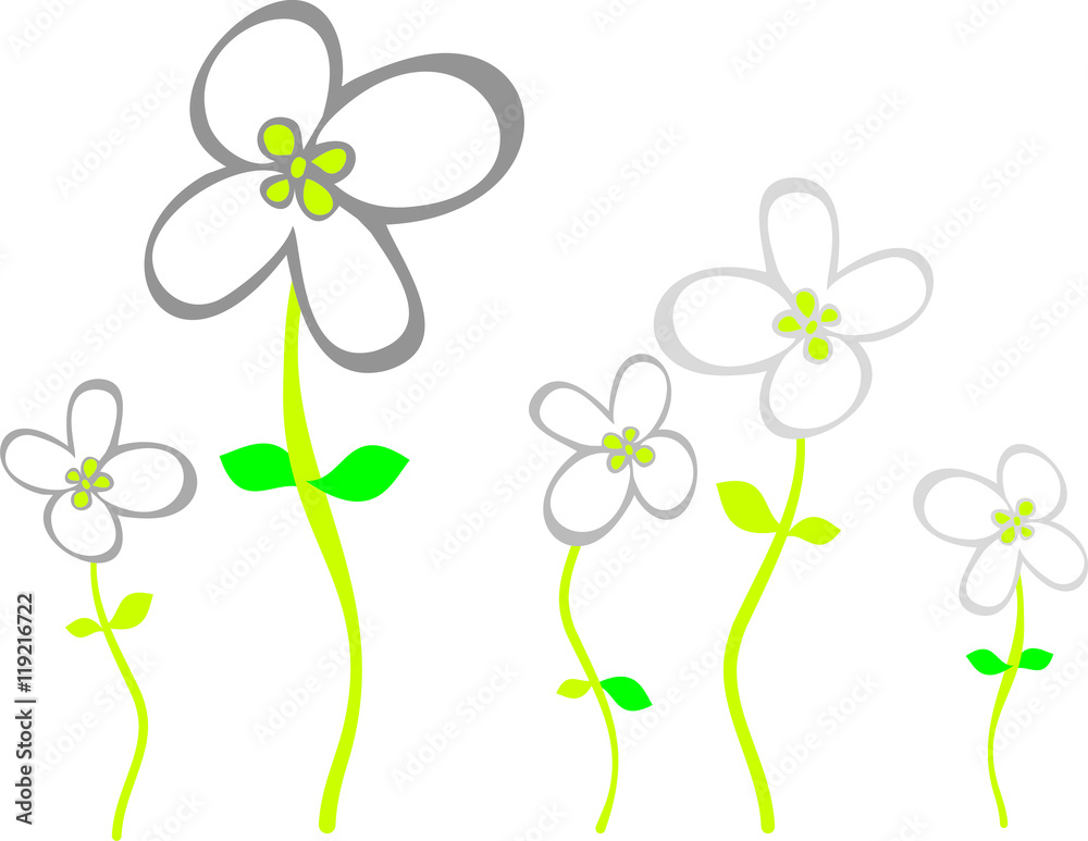 Fototapeta Proste szare kwiaty z czterema płatkami z zielonymi pędami 1