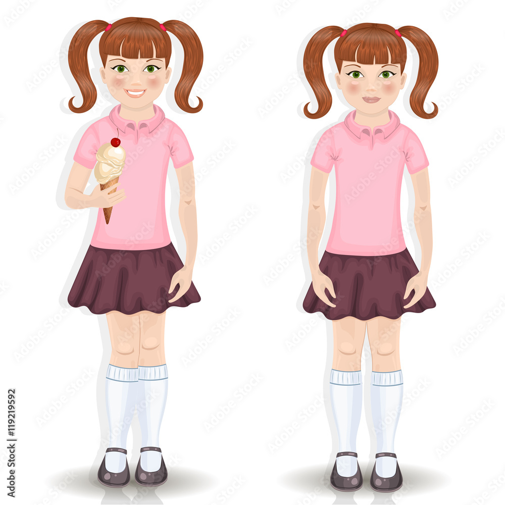Girl, with, ice, cream, and, a, without, ., Vector, illustration. Girl, with, ice, cream, and, a, without, ., Vector, illustration.