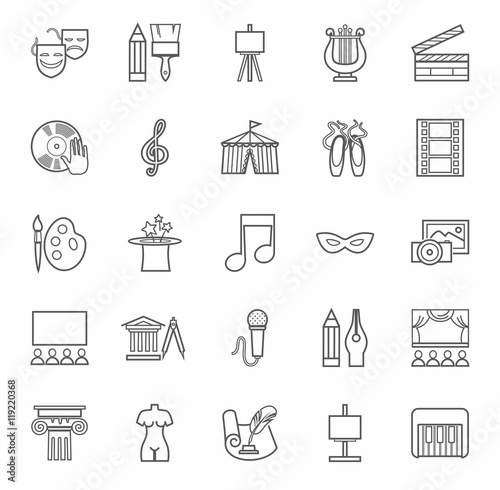 Art & culture, icons, monochrome, outline. Vector contour icons attributes of culture and art. Gray image on a white background. 