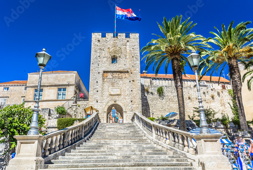 Tower old town Korcula. / View at Revelin tower, famous landmark in old town Korcula, Croatia Europe. photo