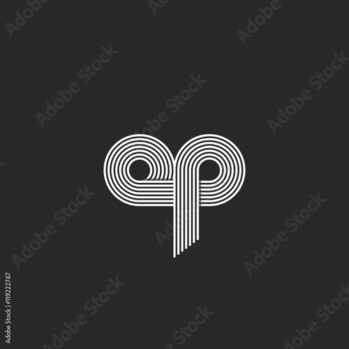 Logo op letters monogram thin line, combination o and p initials, business card hipster emblem mockup