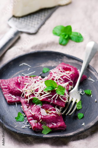 beet  ravioli with goat cheese