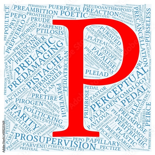 Letter "P" with 100 words word cloud starting with letter "P".