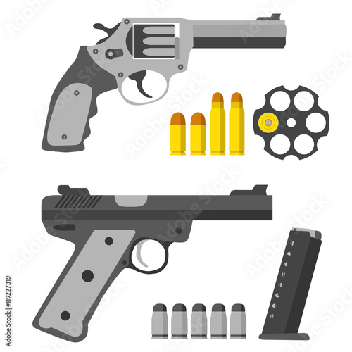 Set of pistols. Revolver, revolver's barrel and bullets.