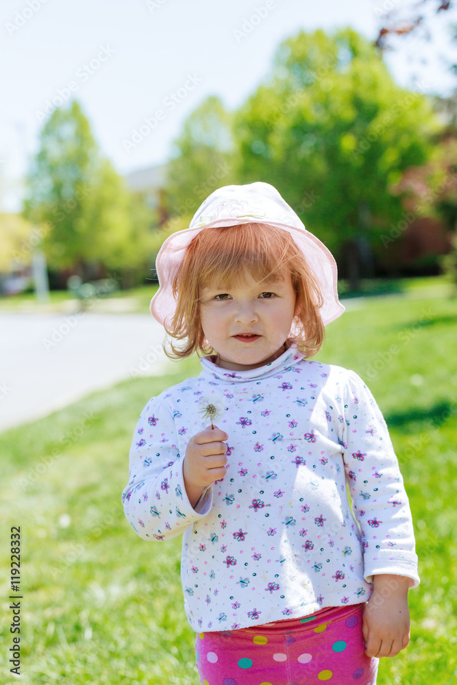 Beautiful little girl blowing dandelion on green meadow Beautiful little girl blowing dandelion on green meadow