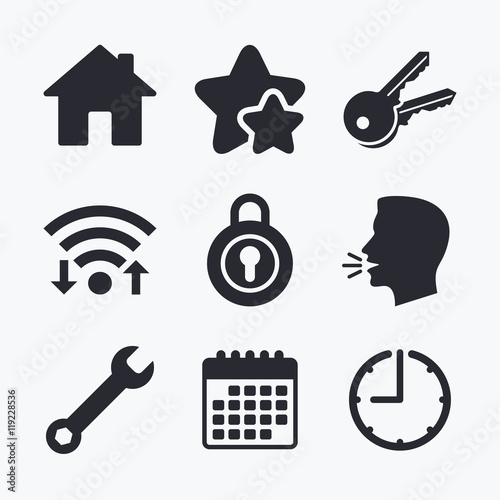 Home key icon. Wrench service tool symbol.