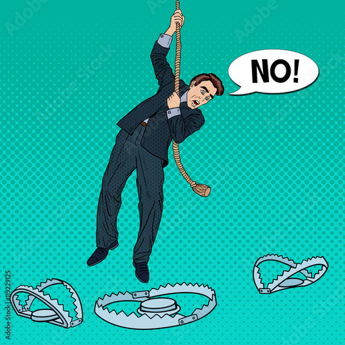 Stressed Business Man on the Rope Falls into the Trap. Pop Art Vector illustration