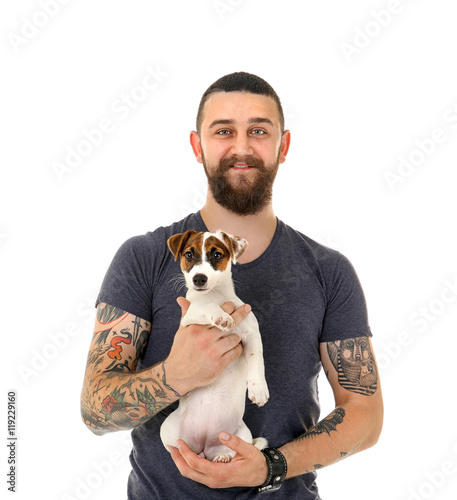 Handsome man with cute dog,...