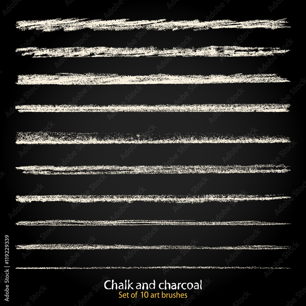 Set of vector grunge brushes different thickness and stiffness, brushstroke created with chalk and charcoal. Expressive grunge template. A high resolution. Saved in the palette - obrazy, fototapety, plakaty 